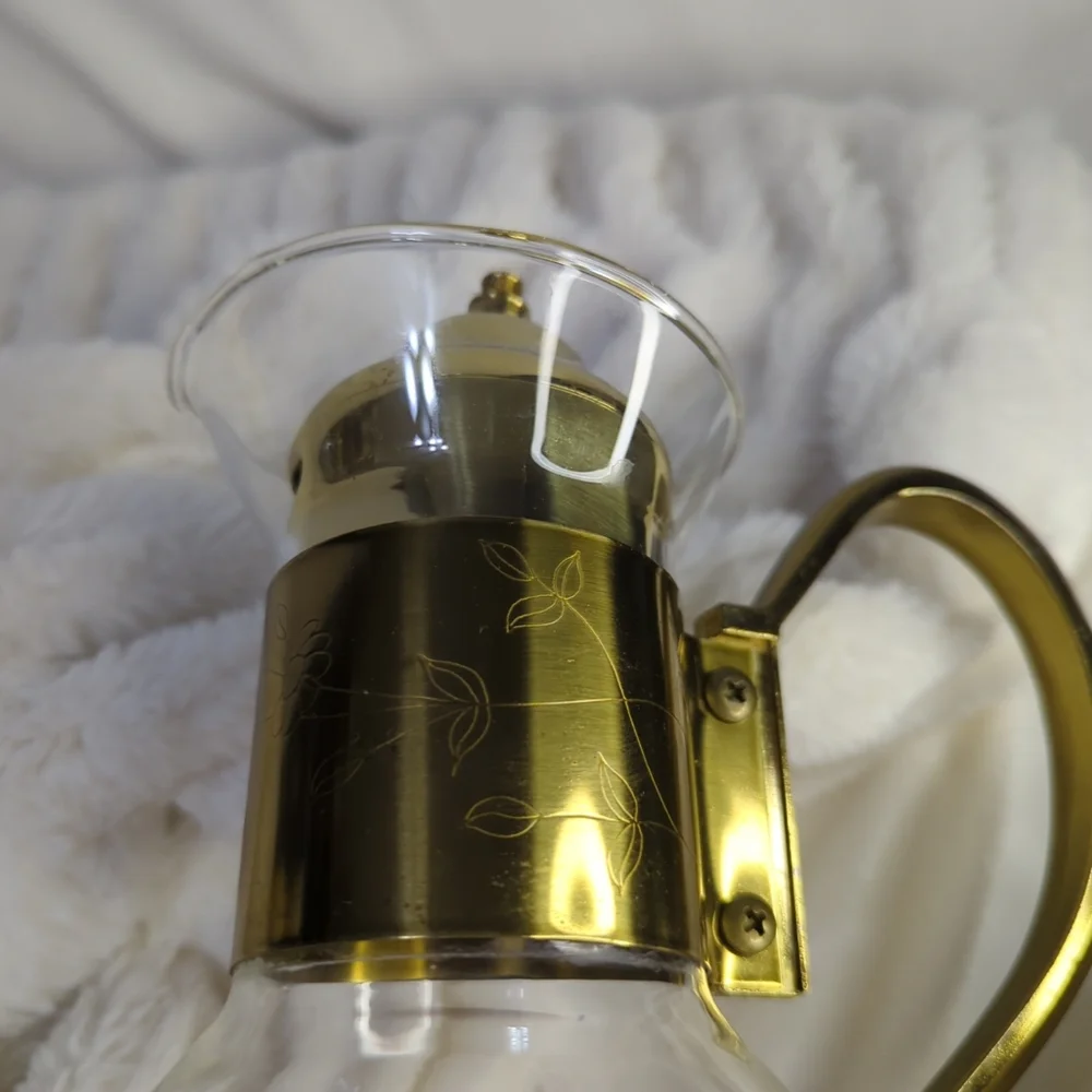 Vintage Brass & Glass Water Wine Pitcher Carafe With Ornate Handle Etched Floral